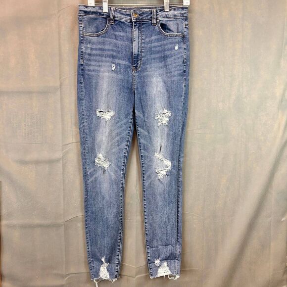American Eagle Jeans Women Size 12 Blue Stretch Distressed Regular Skinny Denim - Picture 1 of 8
